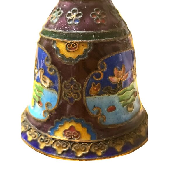 Vintage Cloisonné Enamel Bell With Intricate Floral & Bird Design Purple Blue - Picture 4 of 12
